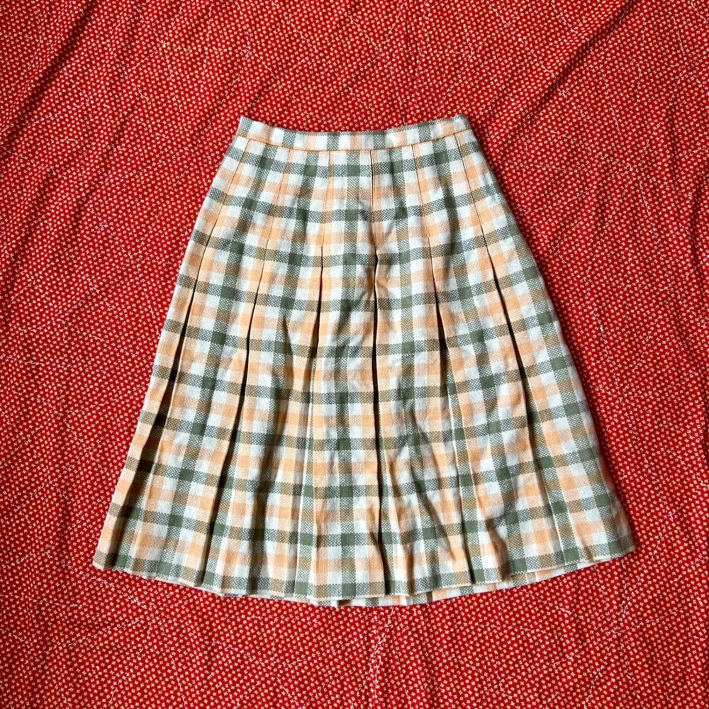 Vintage 1960s Plaid Pleated Midi Skirt White 70s Twee